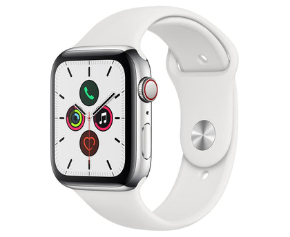 Apple Watch Series 5 (GPS + Cellular) 44mm Stainless Steel Case with White Sport Band (MWWF2X/A)