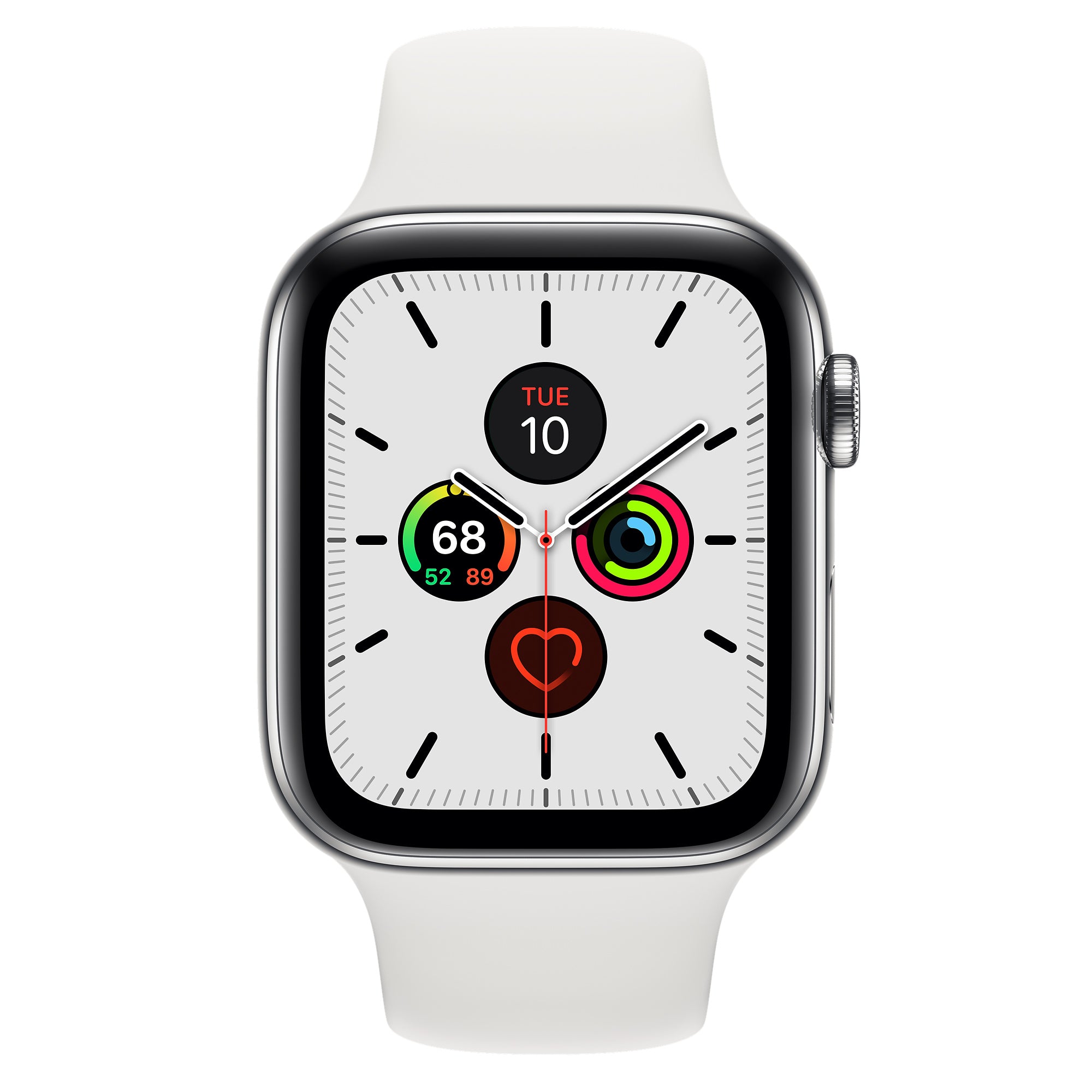 Apple Watch Series 5 (GPS + Cellular) 44mm Stainless Steel Case with White Sport Band (MWWF2X/A)